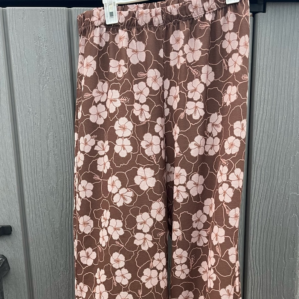 Floral Brown Women's Straight Leg Pants Elastic Waist XL 11-13